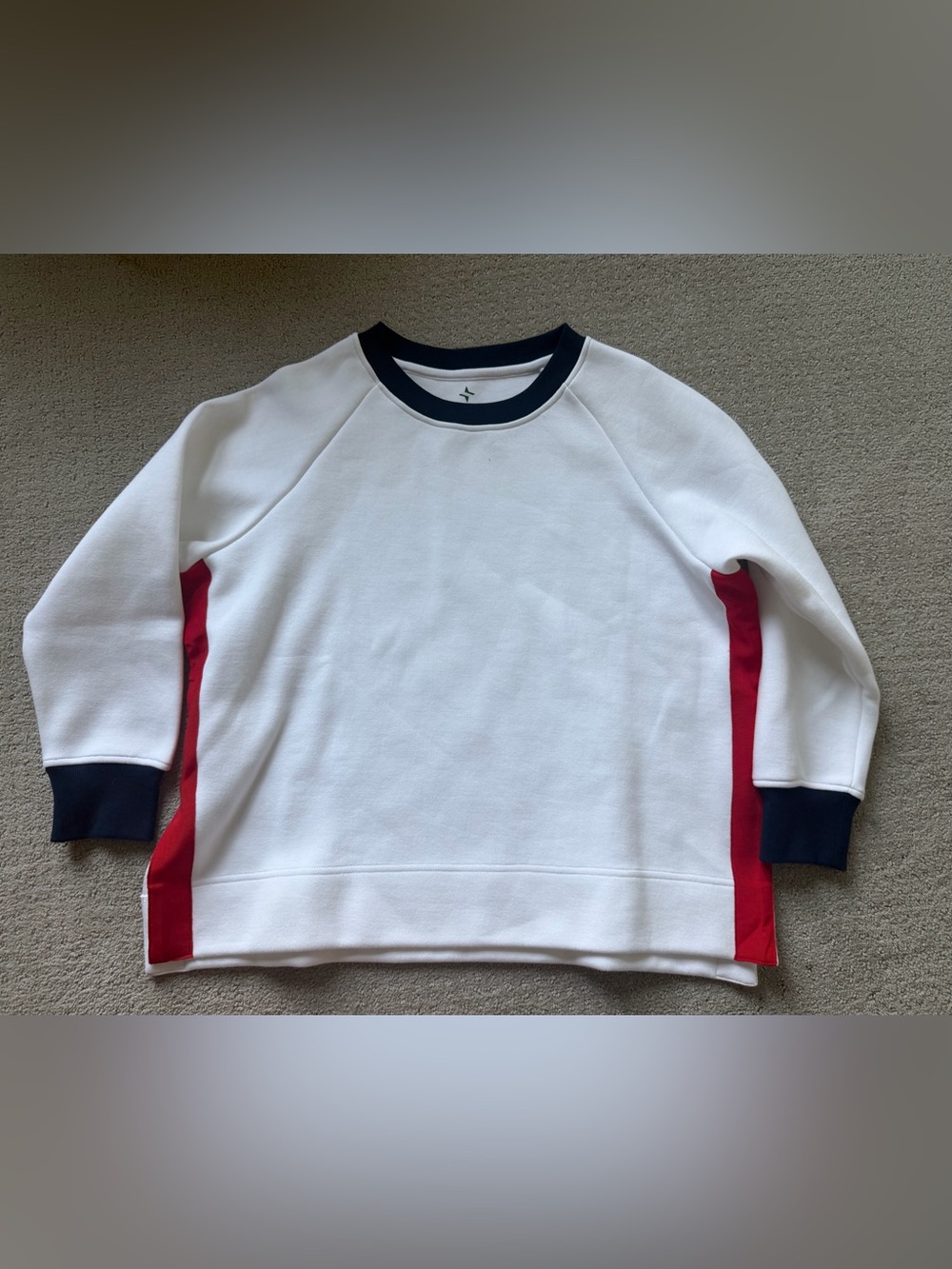 Tuckernuck White Crewneck Sweatshirt with Red Side Panels and Navy Trim